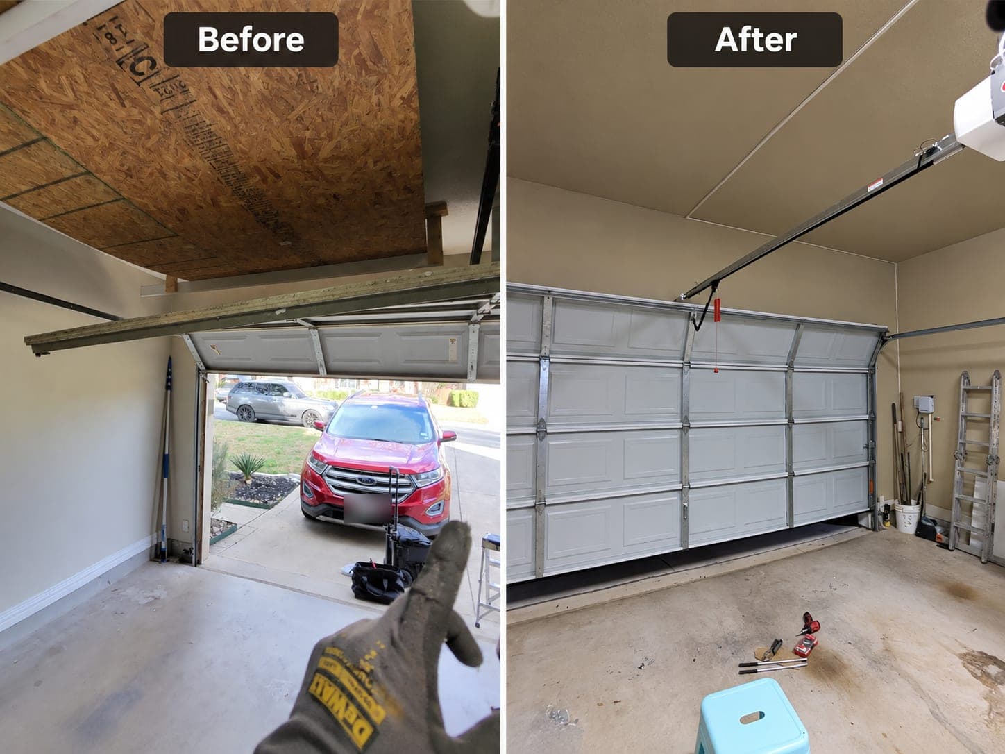 Before and after: a garage door hanging off its track, then repaired and closing properly
