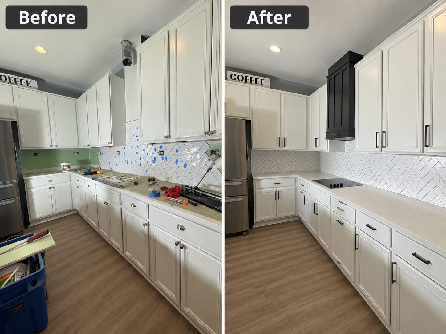 Before and after: a kitchen mid-renovation, then finished with white herringbone backsplash tile and a new range hood
