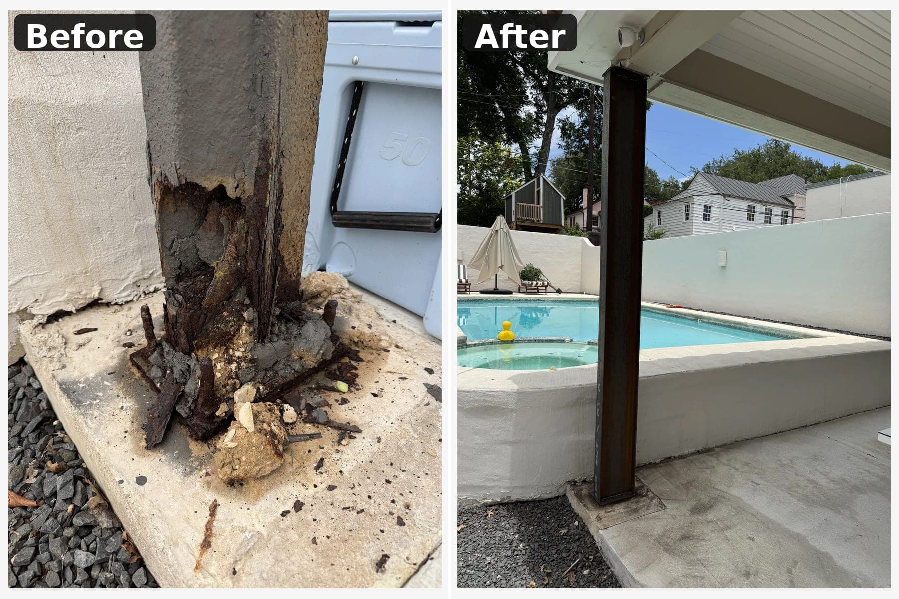Before and after: a rusted-through support post at its base, then replaced with a clean steel post by the pool